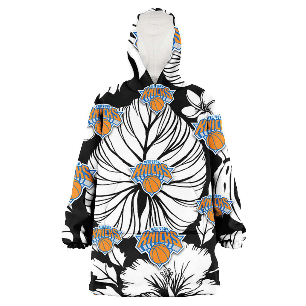 New York Knicks White Hibiscus Porcelain Flower Palm Leaf Black 3D Printed Hoodie Blanket Snug Hoodie