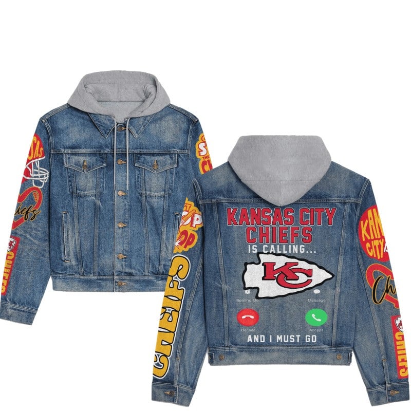 Kansas City Chiefs NFL Team Logo & Motto v8 3D Hooded Denim Jacket