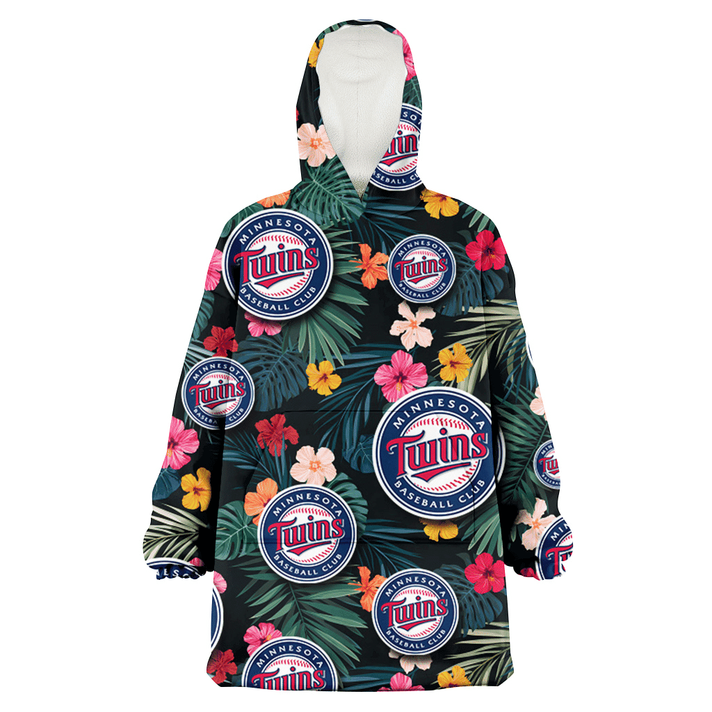 Minnesota Twins Pink Yellow Orange Hibiscus Big Tropical Leaf Black Background 3D Printed Hoodie Blanket Snug Hoodie