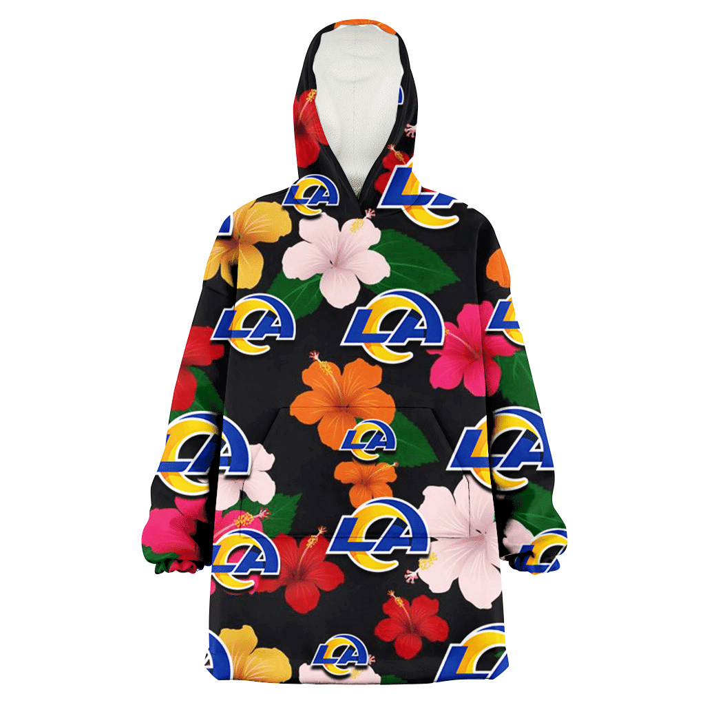 Los Angeles Rams Pink Orange Yellow White Hibiscus Black Background 3D Printed Hoodie Blanket Snug Hoodie