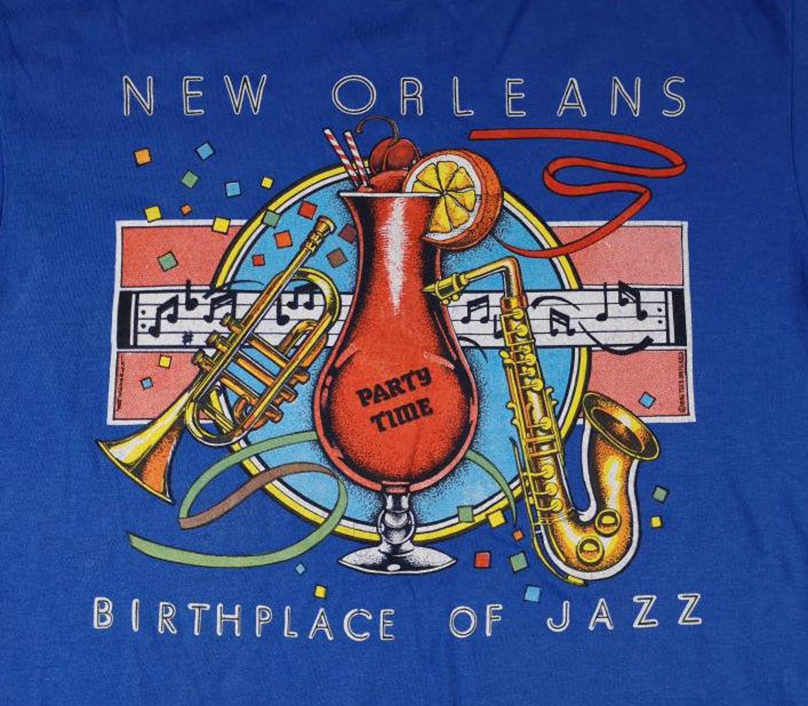 Vintage 1986 New Orleans Birthplace Of Jazz / Party Time! Mardis Gras Paper Thin T-Shirt Made By