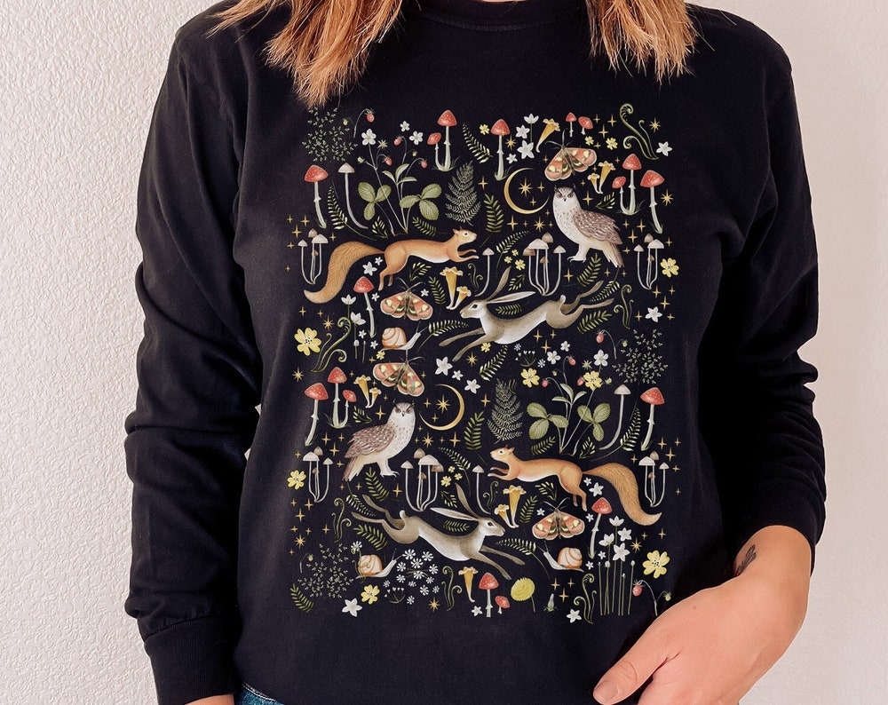 Forest Friends Long Sleeve T-Shirt, Cottagecore Shirt, Mushroom Shirt, Flower Shirt, Fall Shirt, Nature Shirt, Fox Shirt, Gift For Her