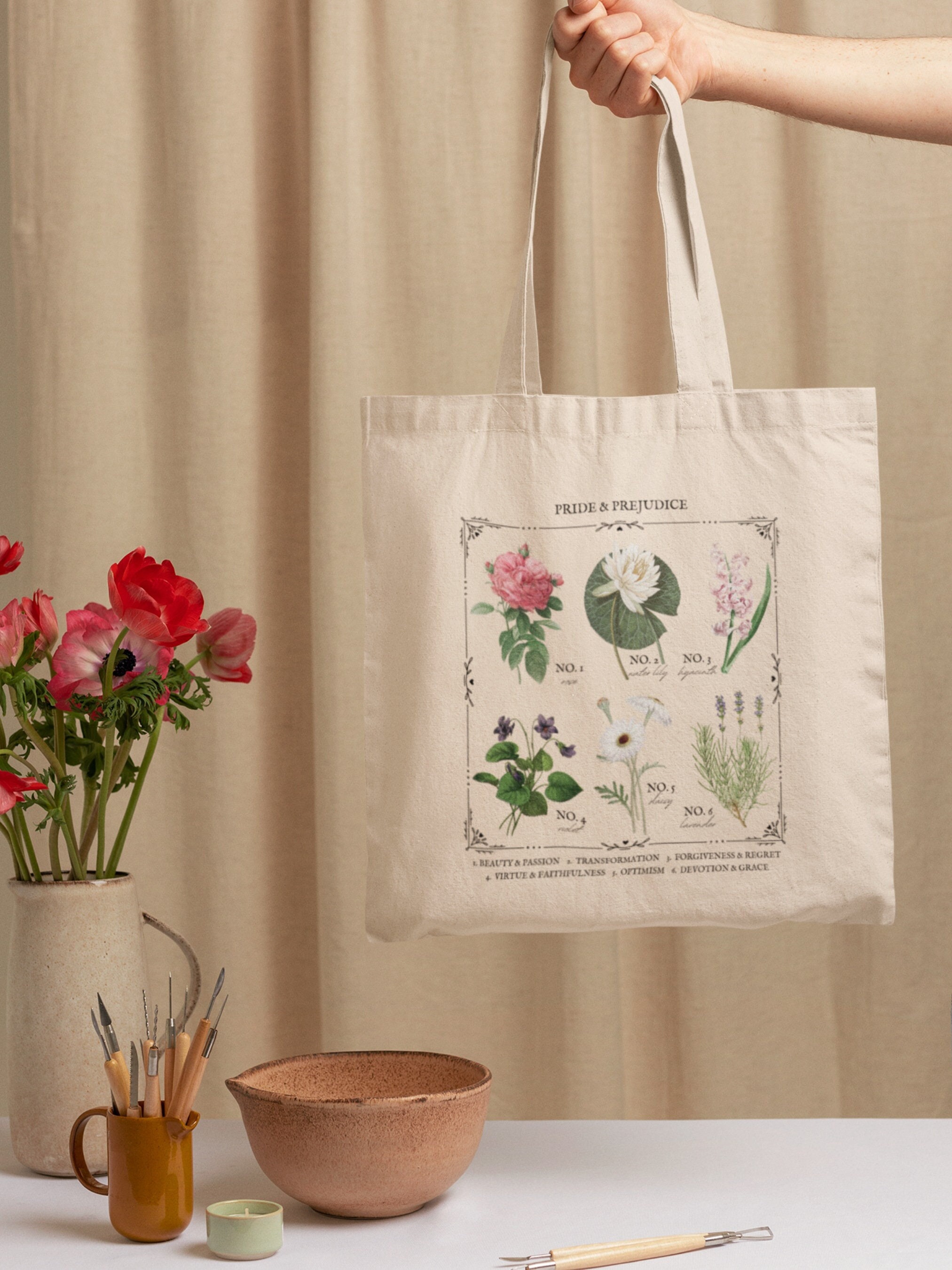 Jane Austen Pride and Prejudice flower chart tote book bag * Poetry Literature Bookish Merch Lover Christmas Gift Ideas mr darcy pemberley