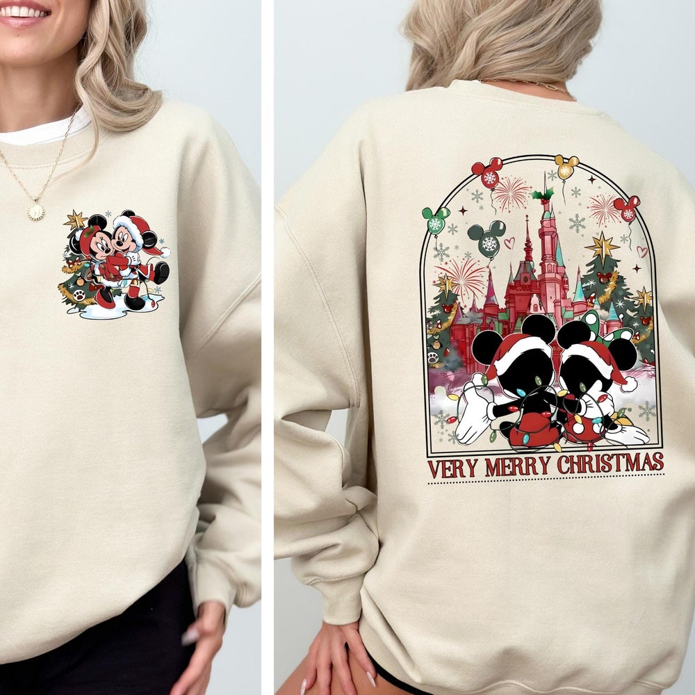 Two-Sided Mickey Minnie Christmas Shirt, Mickey'S Very Merry Christmas Party Shirt, Disney Couple Christmas Sweater, Disneyland Castle Tee Wear Art, Own The Look