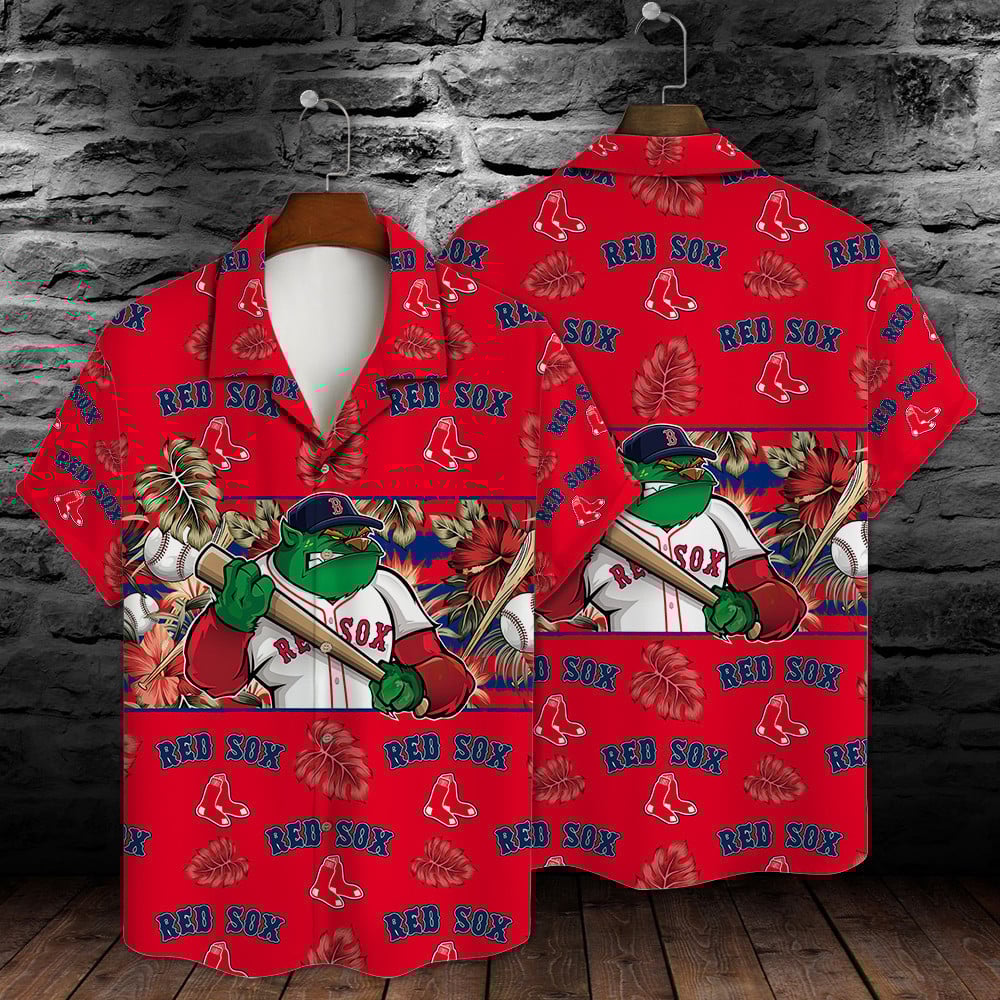 Boston Red Sox Mascot And Leaves Tropical Pattern Hawaiian Shirt