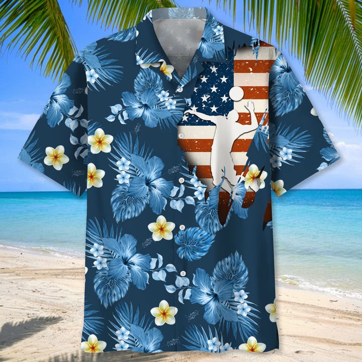 Volleyball American Flag Flower Hawaiian Shirt, Volleyball Shirt,  Sports Team Group Shirts